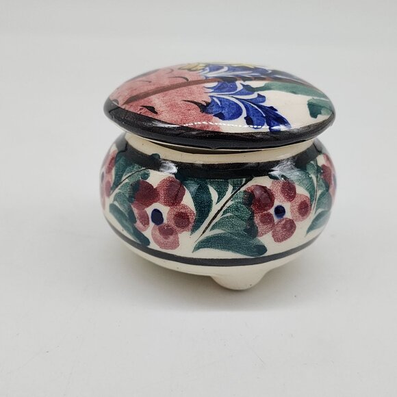 Mexican Hand Painted Ceramic Trinket Box With Floral & Rabbit 3" Diameter - Picture 4 of 8